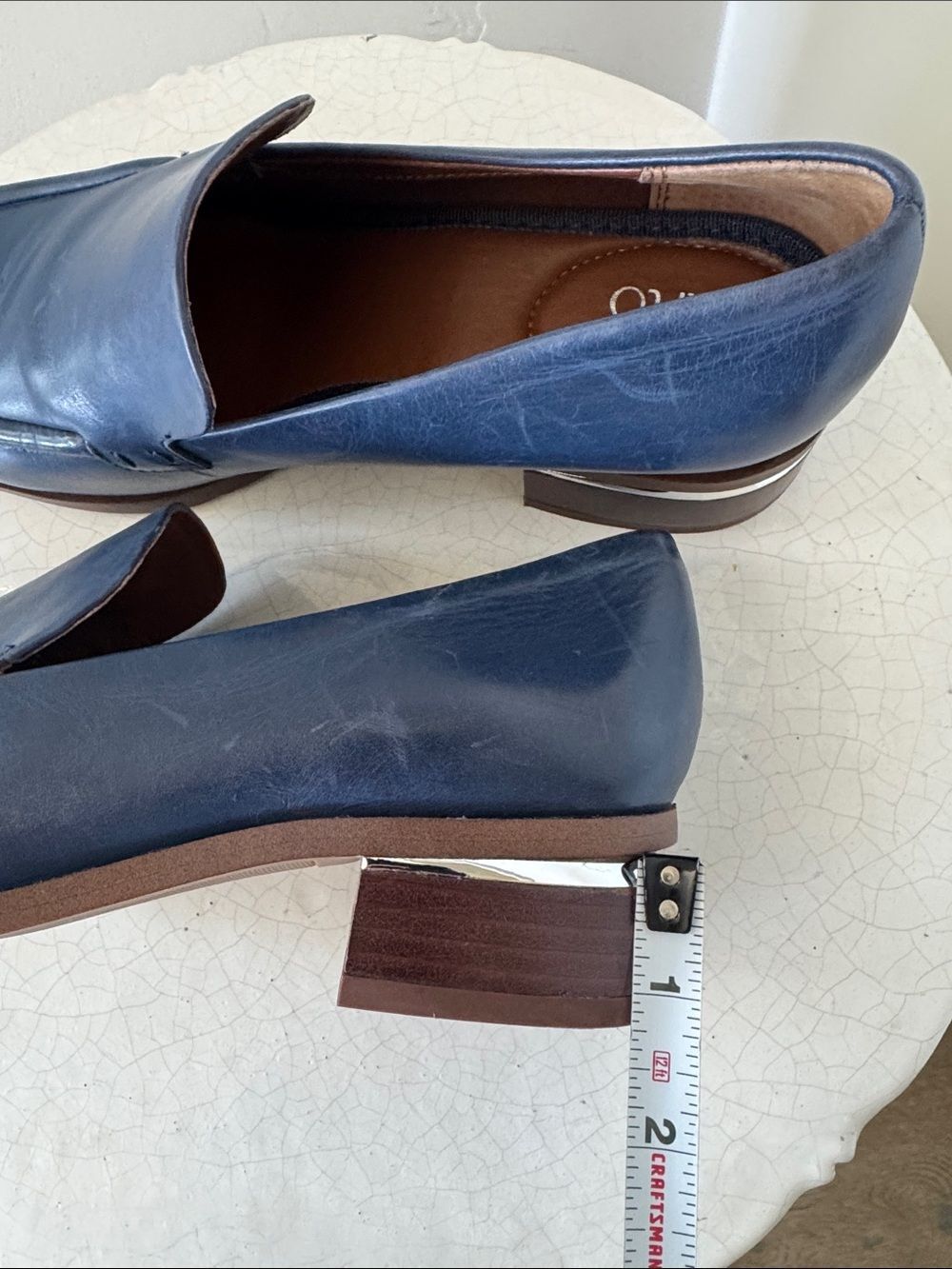 Franco Sarto Blue Leather Slip-On Loafers Block Heel Silver Accents Women’s Sz 8 - Picture 7 of 12